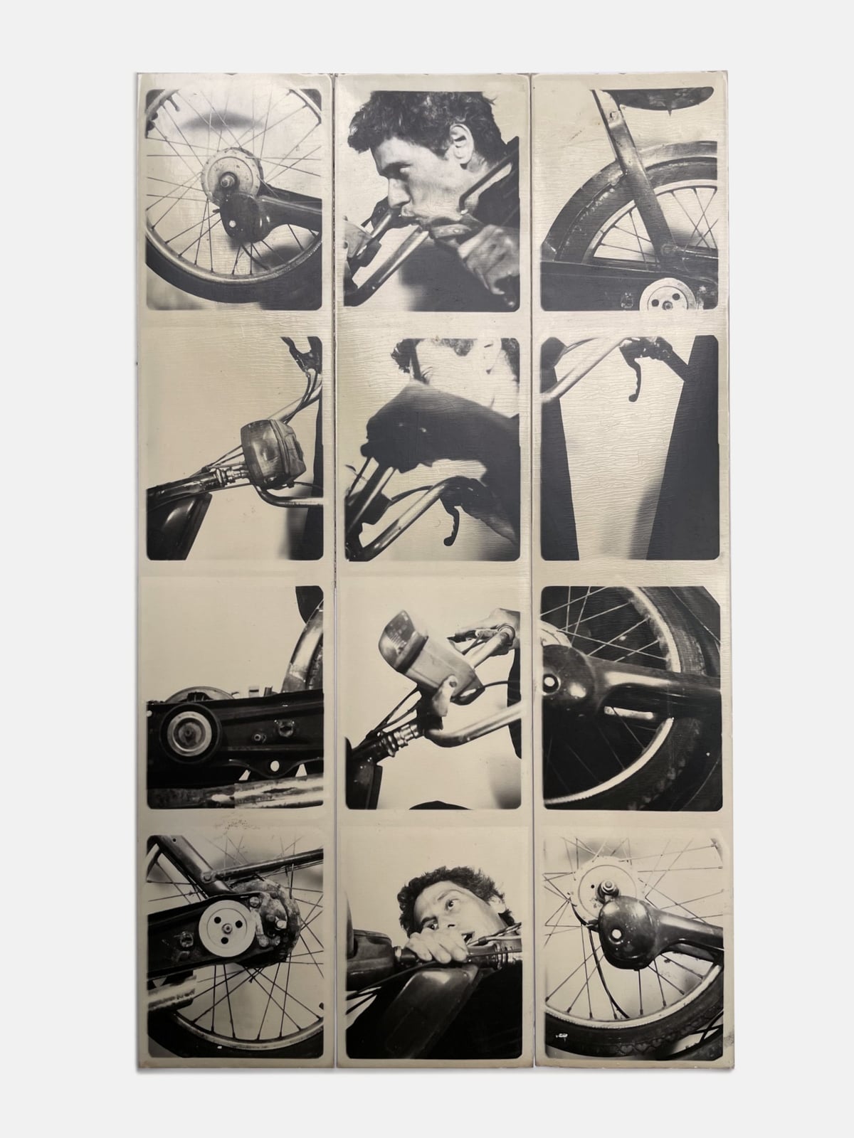 silver sepia photobooth in 4 poses of a man and his moped